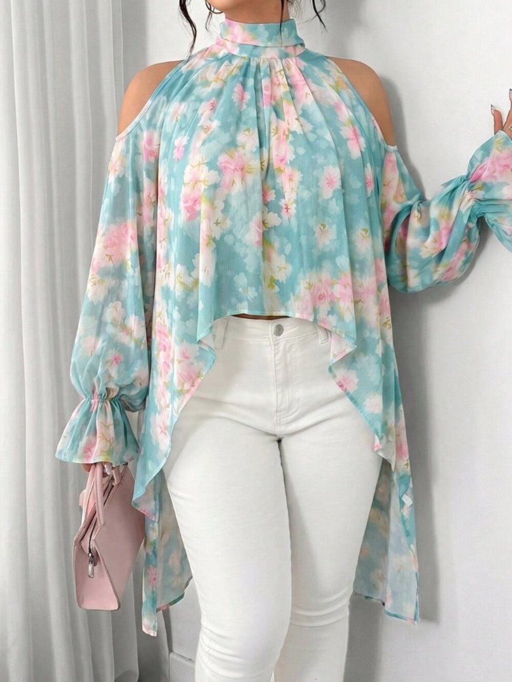 Mint Blue Casual Women's Plus Size Elegant Soft Floral Print Chiffon Blouse - Picture 3 of 6